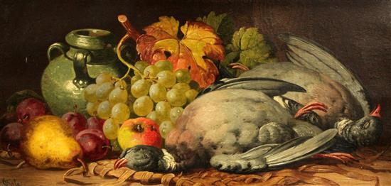 Charles Thomas Bale (fl.1866-1875) Still lifes of pigeons, fruit and a pitcher, 11.5 x 23.5in.